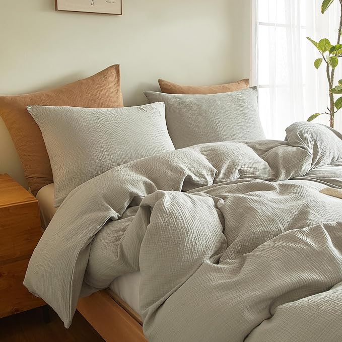 SE SOFTEXLY Muslin Duvet Cover Twin Size, 100% Washed Cotton Duvet Cover Set, Ultra Soft Comforter Cover Linen Like, 2 Pieces Minimalist Gauze Duvet Cover with 1 Pillowcase, 68"x90", Smoky-Green