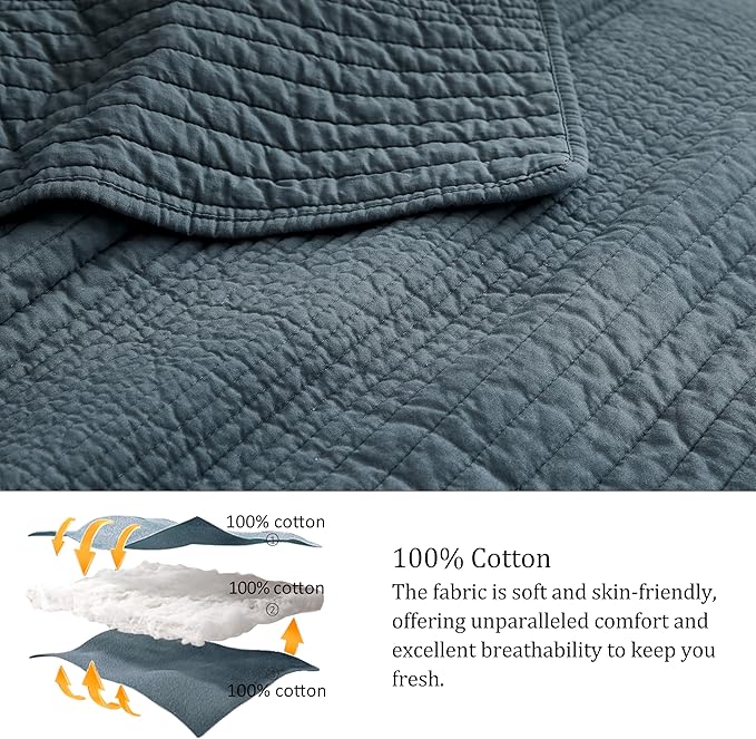 PALASSIO Striped Blue Grey 100% Cotton Quilt California Cal King Size Bedding Sets, Oversized Lightweight Channel Pick Stitch Textured Bedspread Soft Farmhouse Country Coverlet for All Season, 2 Shams