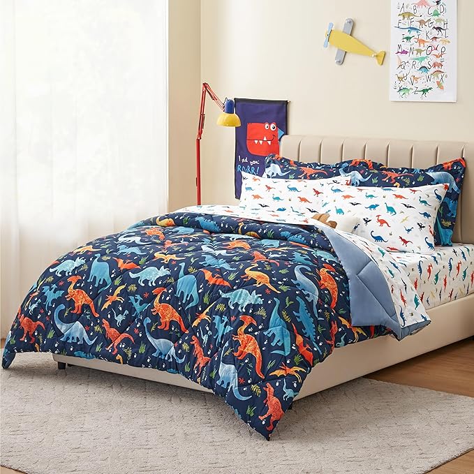 Queen Size Dinosaur Kids Bedding Set for Boys, 7 Pieces Super Soft Lightweight Microfiber Comforter Set with Sheets, Bed in a Bag, Children Bed Set