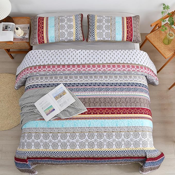 WONGS BEDDING Boho Quilt Set Queen Size, Brown Bohemian 3 Pieces Quilt Bedding Sets, Lightweight Microfiber Bedspread Coverlet Set for All Season (96"x90")