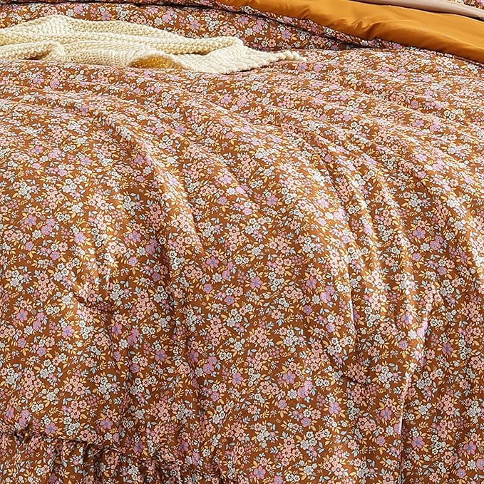Full Comforter Set - 7 Pieces Ruffle Brown Floral Bedding Sets, Shabby Chic Farmhouse Bed in a Bag with Ruffle Comforter, Sheets, Pillowcases & Shams