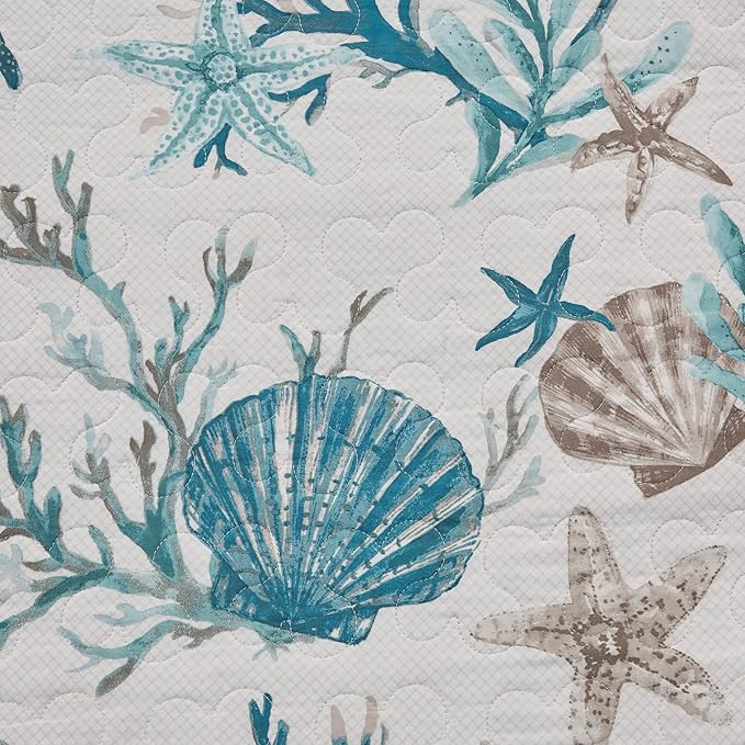 Madison Park Quilt Set Cottage Coastal Design, Starfish Print - All Season, Coverlet Bedspread Lightweight Bedding Layer, Shams, Toss Pillows, King/Cal King(104"x94"), Pebble Beach Aqua 6 Piece
