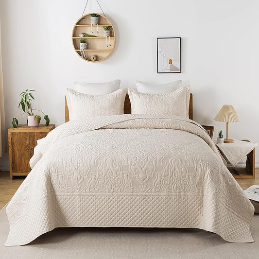 Travan 3-Piece Queen Quilt Set Quilted Bedspread Oversized Microfiber Lightweight Bedspread Coverlet Set with Shams Bedding Set for All Season, Beige, Queen Size