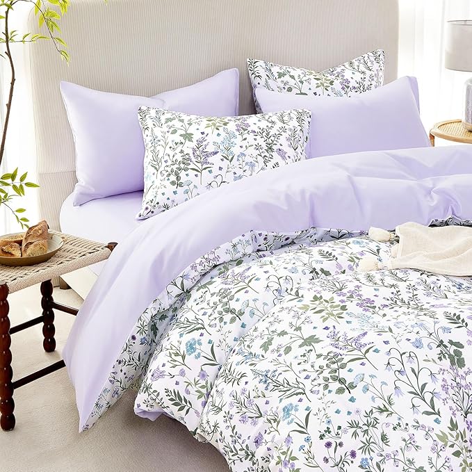 Wake In Cloud - Floral Duvet Cover Set, Shabby Chic Cottage Garden Botanical Flower Style with Elegant Wildflower Pattern, Soft Lightweight Bedding, 3 Pieces, Purple White, Queen Size