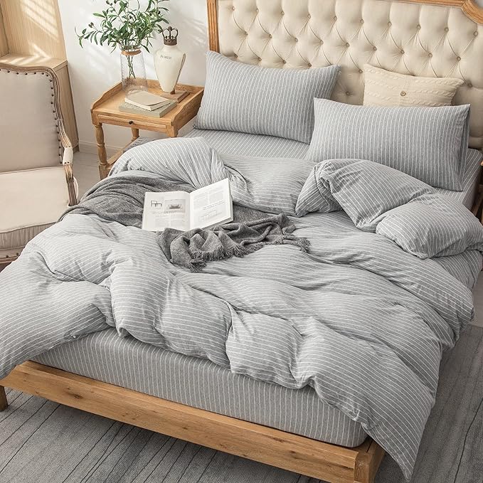 PURE ERA Jersey Knit Duvet Cover Set 100% T-Shirt Heather Cotton Super Soft Comfy Classic Striped Design, with Zipper Closure, Grey & White Pintripe, Queen