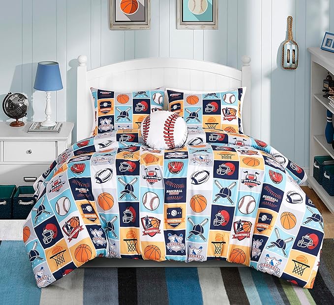 Chezmoi Collection 3-Piece Kids My Sports Bedding Comforter Set Twin Size - Soft Microfiber Navy Blue Gray Orange White Printed Basketball Baseball Football Soccer Sports for Kids/Teens