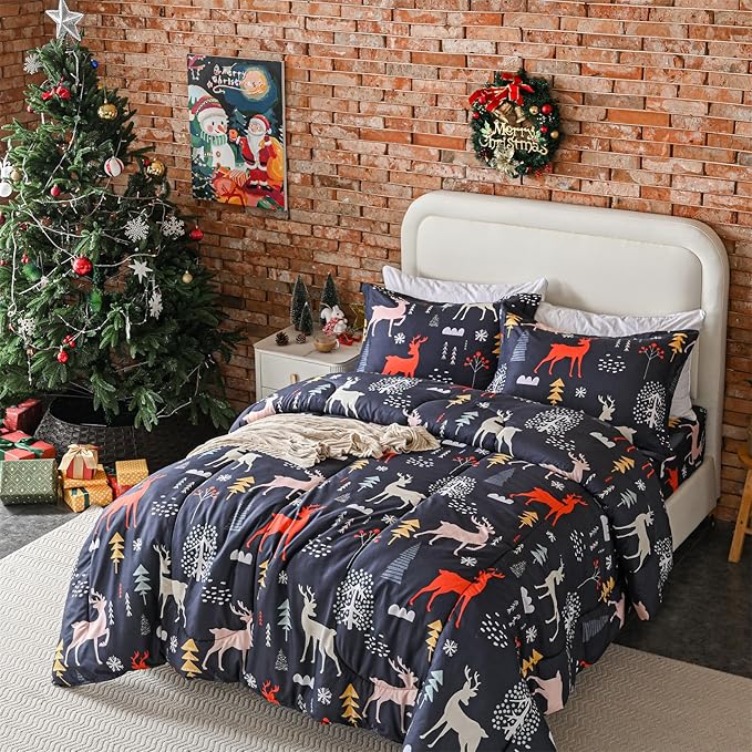 Yibeizi Christmas Comforter Set Twin, Kids Cute Tree Reindeer Printed Bedding Set with Pillow Sham, Lightweight Soft Breathable Machine Washable Quilted Bed Comforter Set 2 Piece