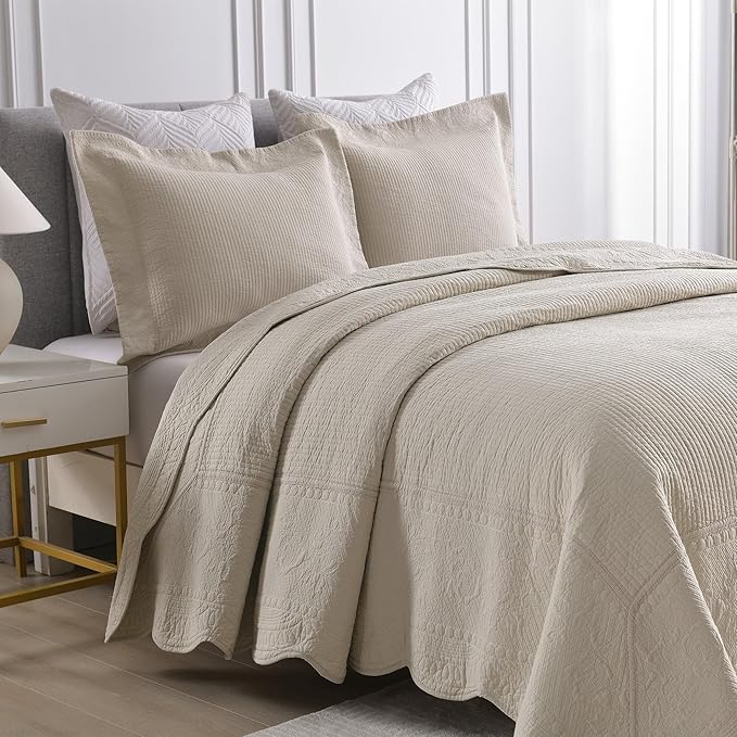 MarCielo 3-Piece 100% Cotton Oversized Bedspread Lightweight Quilt Coverlet Embroidery Farmhouse Bedding Set (TG Cream, Oversized King (118"x106"))