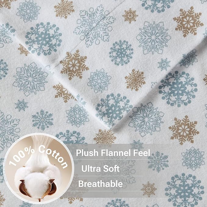 True North by Sleep Philosophy Cozy Flannel Warm 100% Cotton Sheet - Novelty Print Animals Stars Cute Ultra Soft Cold Weather Bedding Set, Full, Tan/Blue Snowflakes 4 Piece