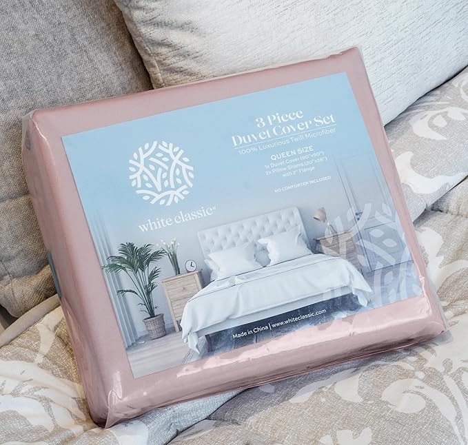 White Classic Pink Duvet Cover King Size, Microfiber Duvet Cover with Zipper, Set of 1 Down Comforter Cover with 2 Pillow Shams, Luxury Comforter Cover King Size | Comforter Not Included