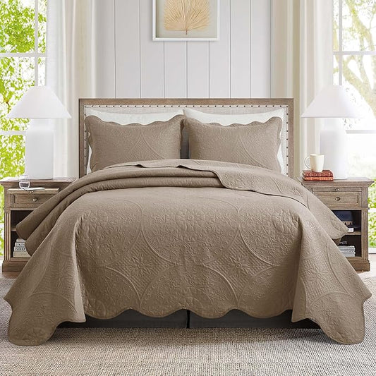 IR Imperial Rooms Queen Quilt Bedding Set Size (90" x 96") + 2 Pillow Shams (20" x 26"+ 2") - 3 Pcs All Season Lightweight Reversible Microfiber Coverlet Floral Embossed Quilt Bedspread (Beige)