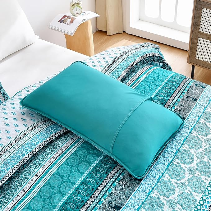 WONGS BEDDING Boho Quilt Set King Size, Teal 3 Pieces Bohemian Striped Patchwork Bedspread Coverlet, Lightweight Soft Microfiber Bedding Set for All Season (104"x90")