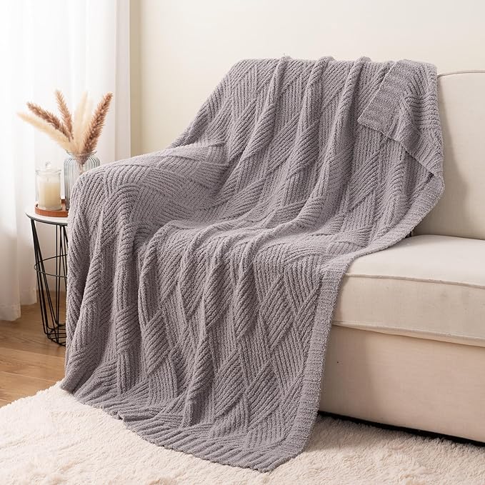 Battilo Grey Diamond Knit Throw Blanket for Couch and Bed, Soft Textured Chenille Blanket, Cozy Lightweight Decorative Blanket for Sofa, 50"x60"
