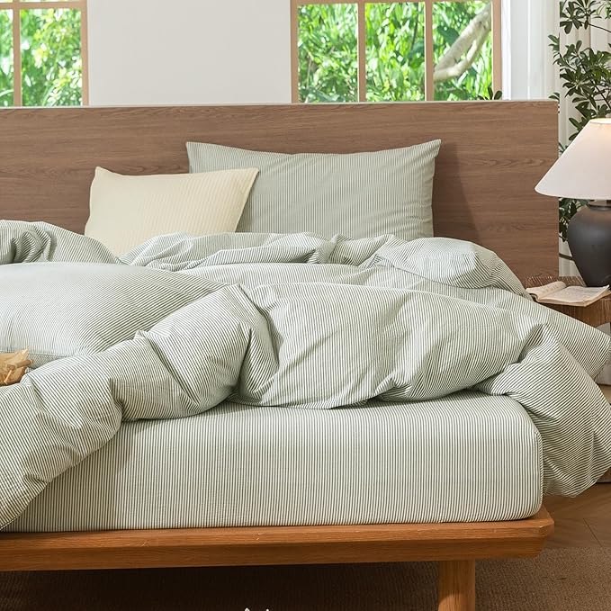 MooMee Striped Duvet Cover Set 100% Washed Cotton Linen Like Textured Breathable Durable Soft Comfy (Sage Green White Pinstripes, Twin 68"x90")