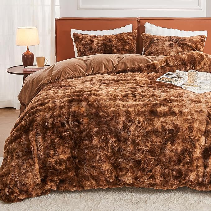 EMME Faux Fur Duvet Cover Twin Size, 2 Pieces Ultra Soft Fluffy Comforter Cover, Cozy Warm for Winter, Luxury Elegant Shaggy Bubble Design Bedding, 1 Duvet Cover & 1 Pillow Shams (Twin, Tie Dye Brown)
