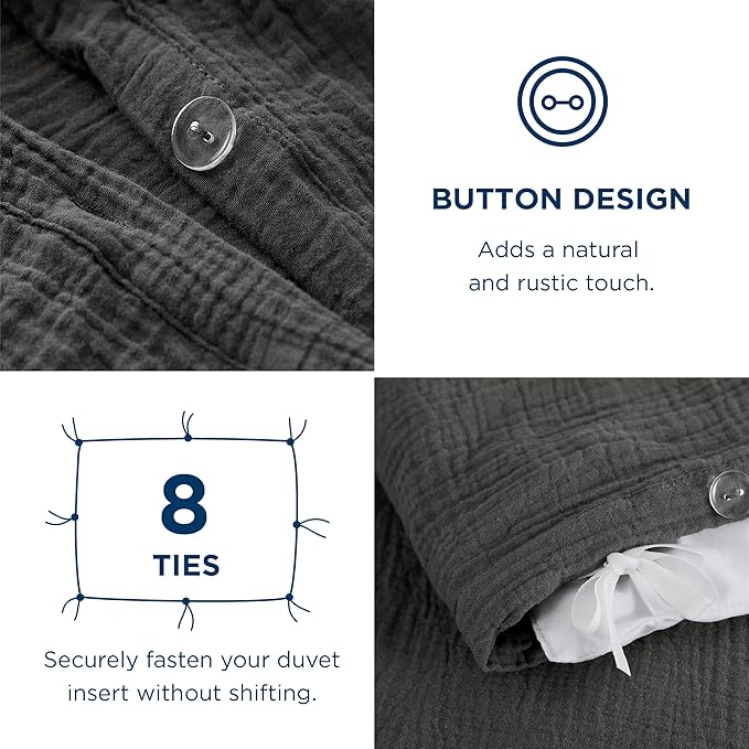 Bedsure 100% Muslin Cotton Duvet Cover Queen Size - Ultra-Soft, Breathable & Lightweight - Linen Like Gauze Comforter Cover Set with Button Closure and Corner Ties (Dark Grey, Queen, 90"x90")