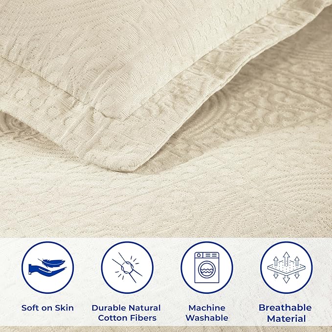 Superior Cotton Fleur De Lis Bedspread Set, Warm Blankets, All-Season Bedding, Bedroom Decor, Decorative Boho Medallion Coverlet, Includes 1 Bedspread, 2 Pillow Shams, Full, Ivory
