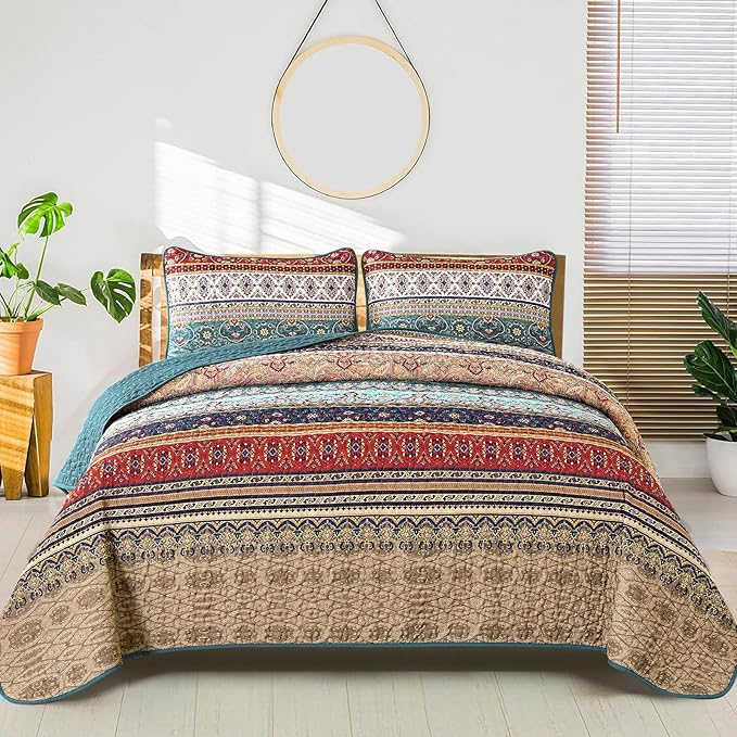 WONGS BEDDING Boho Quilt Set Twin Size, Green and Brown Bohemian Quilt Bedding Set, Lightweight Microfiber Bed Decor Bedspread for All Season 68"x86"(2 Pieces)