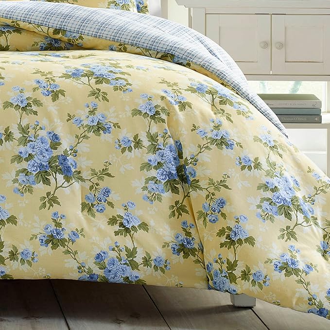 Laura Ashley - Queen Comforter Set, Soft & Reversible Cotton Bedding, Medium Weight for Year Round Comfort, 7 Piece Bed Set with Matching Pillowcases, Euro Shams & Bonus Throw Pillows (Cassidy Yellow)