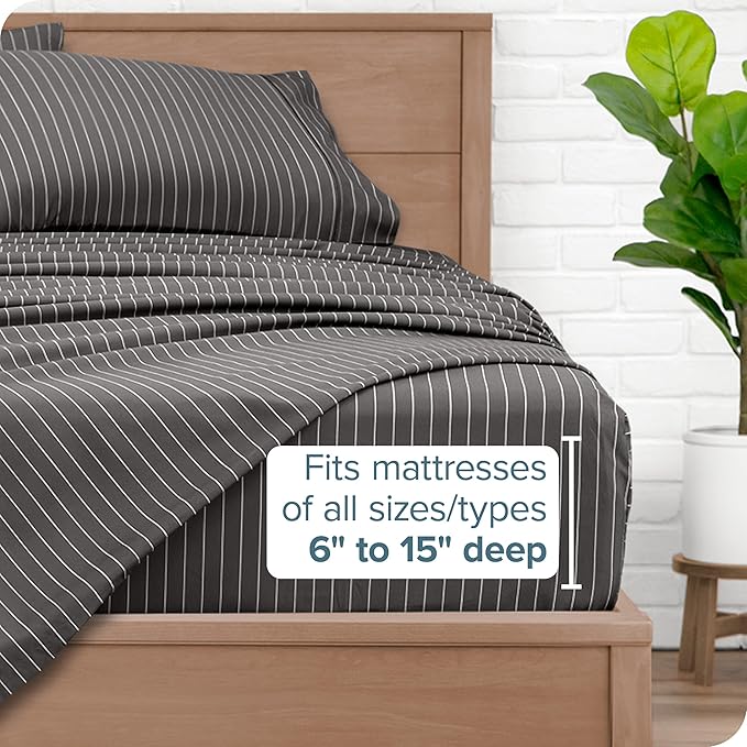 Bare Home Split King Sheet Set - 1800 Ultra-Soft Microfiber Double Brushed - Deep Pockets - Easy Fit - 5 Piece Set - Bed Sheets (Split King, Pinstripe - Grey/White)