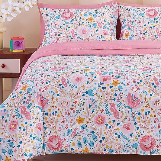 Viviland Kids Twin Bedding Sets for Girls, Soft Twin Comforter Set with Sheets, 5 Pieces Microfiber Bed in a Bag, Colourful Floral