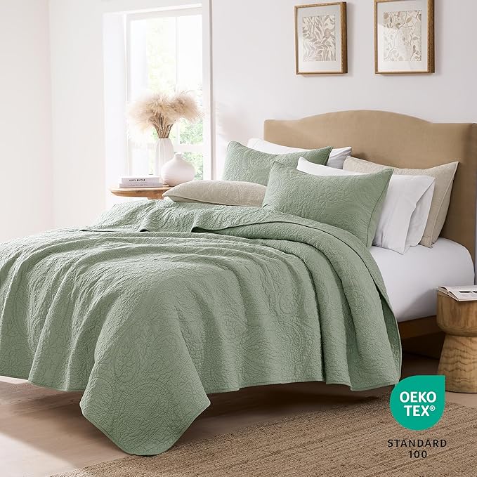 PALASSIO Sage Green Paisley 100% Cotton Quilt Queen Size Bedding Set with 2 Pillow Shams, Boho Floral Lightweight Farmhouse Country Vintage Soft Bedspread Shabby Chic Coverlet for All Season, 3 Pieces
