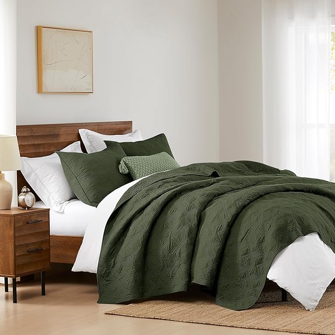 WDCOZY 100% Cotton Twin Size Quilt Set - Olive Green Pre-Washed Soft Lightweight Modern Bedspread, Farmhouse Country Rustic Coverlet, Textured Like Linen, Shabby Chic Gauze Bedding, 2 Pieces