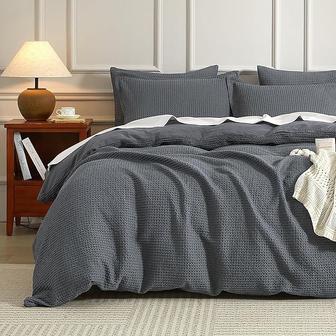 SE SOFTEXLY Waffle Duvet Cover King, 100% Cotton Waffle Weave Bedding Duvet Cover Set, Soft and Breathable Comforter Cover for All Season, 3 Pieces Including Pillow Shams（Dark Grey, 104”x90”）