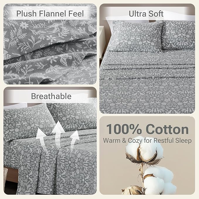 True North by Sleep Philosophy Flannel Sheets King Size, Cozy 100% Cotton Flannel Bed Sheets, Ultra Soft Cute Sheet Set, Novelty Print Themed Cold Weather Warm Bedding Set, Sage Winter Fauna, 4 Piece