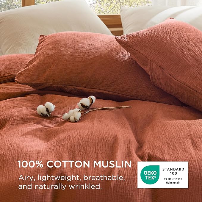 Bedsure 100% Muslin Cotton Duvet Cover Queen Size - Ultra-Soft, Breathable & Lightweight - Linen Like Gauze Comforter Cover Set with Button Closure and Corner Ties (Terracotta, Queen, 90"x90")