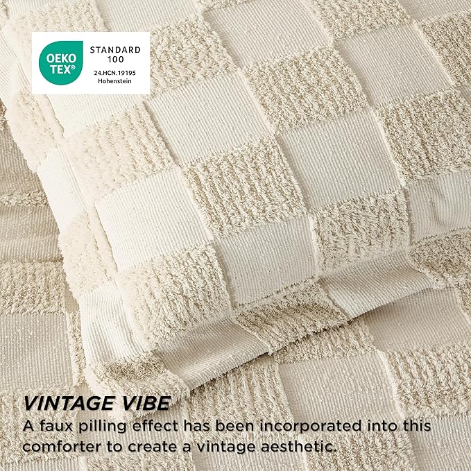 Bedsure Twin/Twin XL Comforter Set Emerald, Boho Tufted Bed Set, Checkered Farmhouse Shabby Chic Bedding, 2 Pieces, 1 Plaid Geometric Comforter and 1 Pillow Sham