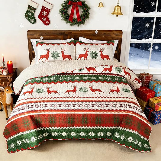 Whale Flotilla Christmas Quilt King Size, Soft Boho Floral Bedspreads for Bed Reversible Lightweight King Quilt Bedding Set Coverlets with 2 Pillow Shams for All Seasons, Happy Snowflake