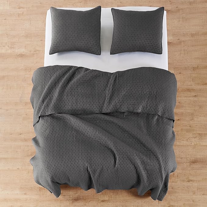 Levtex Home Cross Stitch Reversible Full Bedspread Set (100x104in) with 2 Pillow Shams (26x20in) - Stitch Texture - Charcoal - Cotton Full Size Bedspread Set - Lightweight, Soft, Pre-Washed