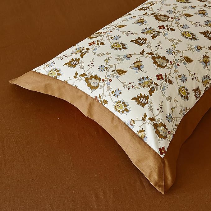 YuHeGuoJi Brown Floral Duvet Cover King 100% Cotton 3 Pcs Set 1 Beige Flower Duvet Cover with Zipper Ties 2 Pillow Shams Vintage Exotic Boho Botanical Burnt Orange Wide Trim Bedding Set Soft