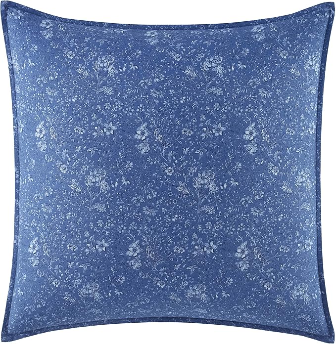 Laura Ashley - Queen Comforter Set, Soft & Reversible Cotton Bedding, Medium Weight for Year Round Comfort, 7 Piece Bed Set with Matching Pillowcases, Euro Shams & Bonus Throw Pillows (Elise Blue)