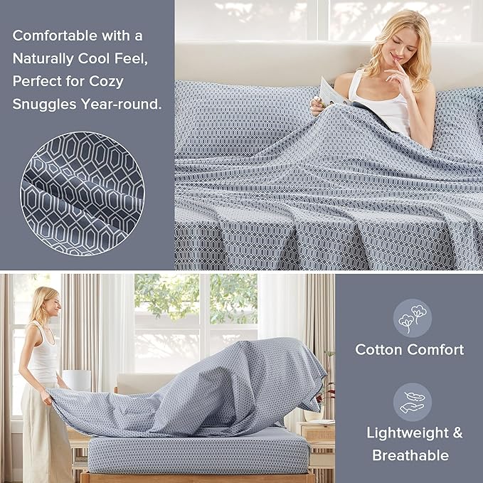 Comfort Spaces 100% Cotton Sheets Full, Breathable, Naturally Cool Cotton Sheets, Soft Cotton Bed Sheets with 14" Elastic Pocket Fits up to 16" Mattress, All Seasons Sheet Set, Diamond Blue 4 Piece