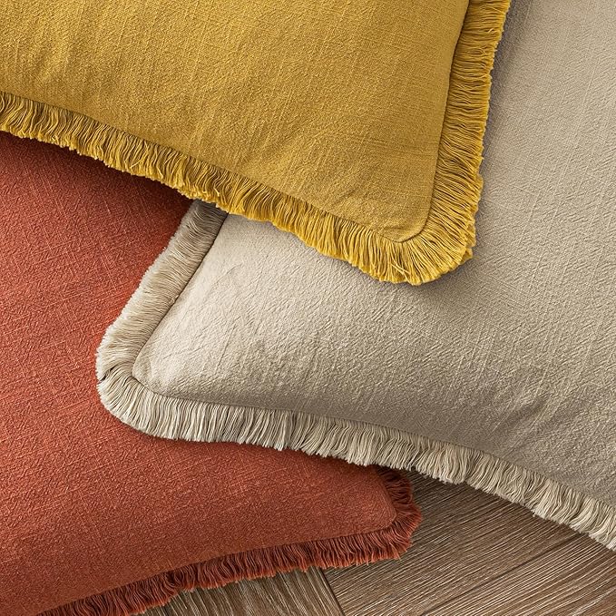 MIULEE Decorative Throw Pillow Covers Neutral Linen Fringe Throw Pillows Set of 2 Burnt Orange Boho Farmhouse Cushion Covers with Tassels for Couch Sofa Bed Living Room Home Decor 18x18 Inch