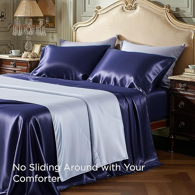 Bedsure Satin Sheets Queen Size - 4 Piece Silky Bedsheets with Elastic Corner Straps and 15 Inches Deep Pocket Fitted Bedsheet,1 Flat Sheet, 2 Satin Pillowcases, Good for Hair & Skin (Queen, Navy)