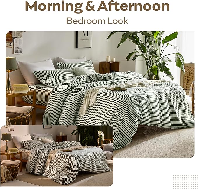 JELLYMONI 100% Natural Cotton 3pcs Striped Duvet Cover Sets,White Duvet Cover with Green Stripes Pattern Printed Comforter Cover,with Zipper Closure & Corner Ties(Cal King Size)