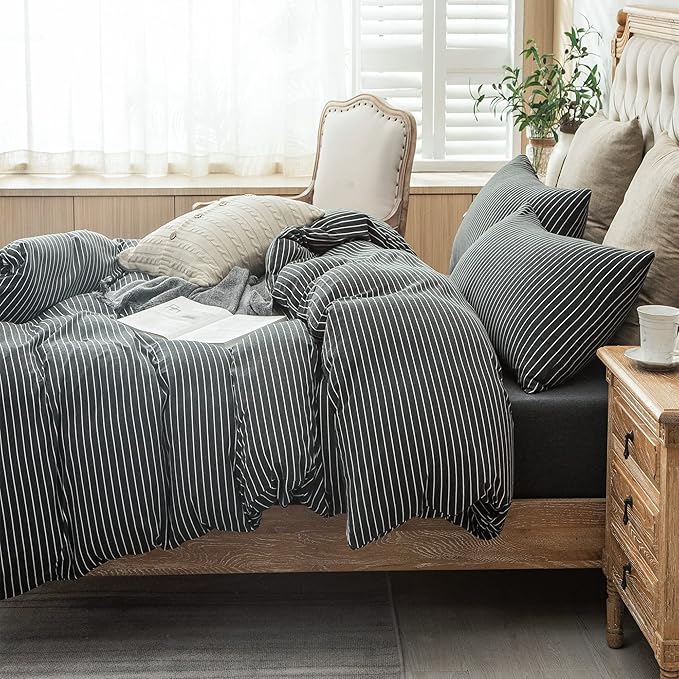 PURE ERA Jersey Knit Duvet Cover Set 100% T-Shirt Heather Cotton Super Soft Comfy Classic Striped Design, with Zipper Closure, Heather Black & White Pinstripe, Queen