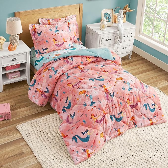 Twin Mermaid Bedding Sets for Girls, 2 Pieces Kids Twin Comforter Sets, Super Soft Lightweight for All Seasons, Includes 1 Comforter (66"x86") and 1 Pillowcase (20"x26"+2")