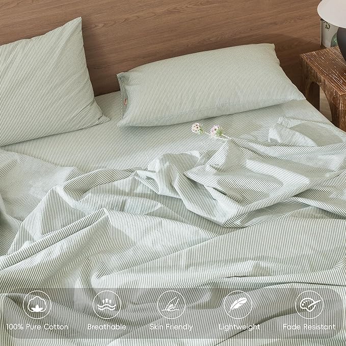 MooMee Striped Duvet Cover Set 100% Washed Cotton Linen Like Textured Breathable Durable Soft Comfy (Sage Green White Pinstripes, King 104"x90")