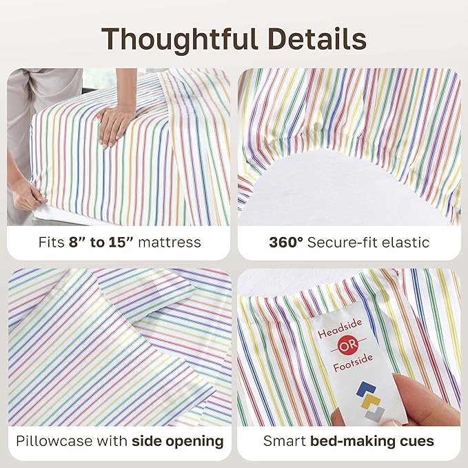 California Design Den Deep Pocket Twin Sheets Set - 400 Thread Count Sateen, Natural 100% Cotton Sheets, and Durable Bedding Set - Rainbow Striped