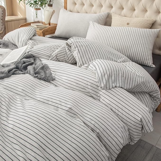 PURE ERA Jersey Knit Duvet Cover Set 100% T-Shirt Heather Cotton Super Soft Comfy Classic Striped Design, with Zipper Closure, Heather White & Black Pinstripe, Queen