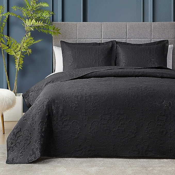 Hansleep Black Quilt Twin Size - Damask Ultrasonic All Season Bedspread Twin, Soft Lightweight Coverlet Bedding Set, 2 Pieces (1 Quilt, 1 Pillow Sham)