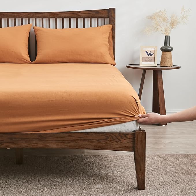 Simple&Opulence Belgian Linen Sheet Set Solid Color - 4 Pieces (1 Flat Sheet, 1 Fitted Sheet & 2 Pillowcases) Natural Flax Cotton Blend Soft Breathable Farmhouse Bedding - Full Size, Rust