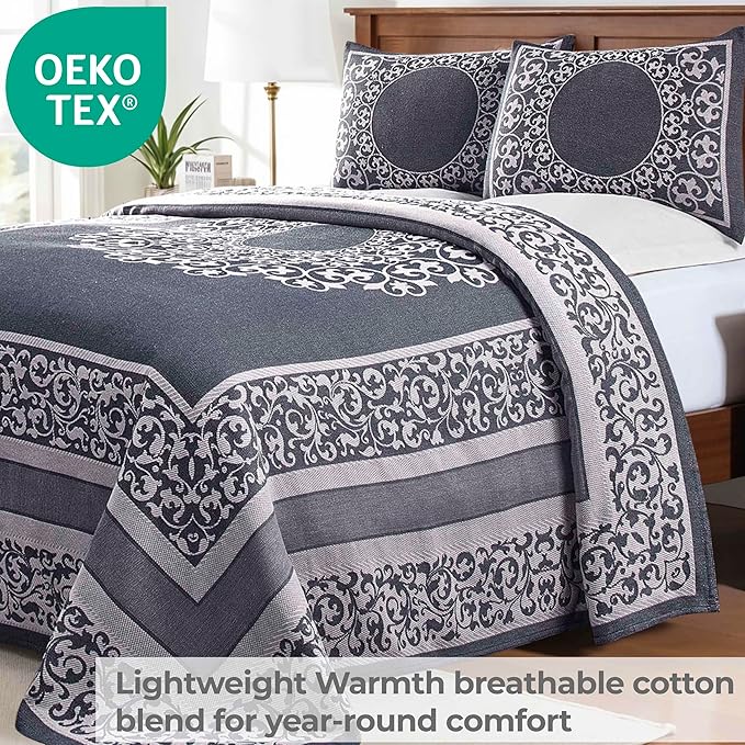 SUPERIOR Cotton Blend Bedspread Set, Includes Oversized Bedspread and 2 Matching Pillow Shams, Light Weight Blanket, Bedding Decor, Jacquard Vintage Floral Mandala, Lyron Collection - Full, Denim Blue