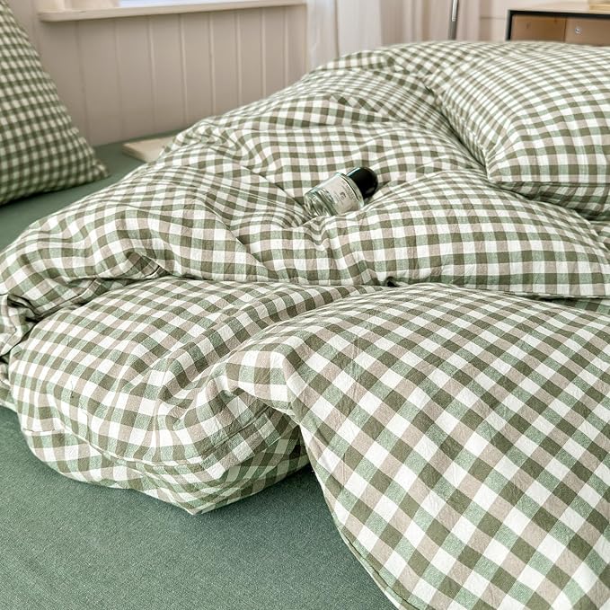 LifeTB Queen Comforter Set Green Gingham Comforter Modern Style Checkered Pattern Comforter Set Boho Grid Plaid Bedding Comforter Lightweight Fluffy Soft Grid Bedding Set Queen Size Breathable