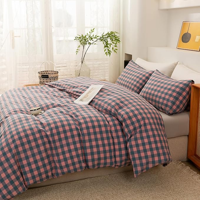 ECOCOTT Duvet Cover Queen Size, 100% Washed Cotton Linen-Like Soft & Breathable, Durable Comfy Bedding Set for All Seasons, Purple Pink Plaid