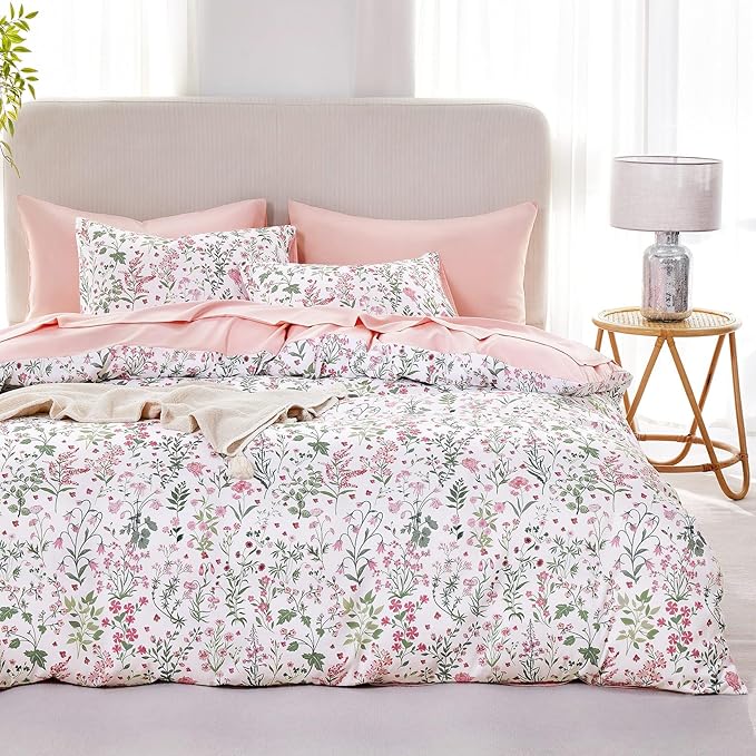 Wake In Cloud - Floral Duvet Cover Set, Shabby Chic Cottage Garden Botanical Flower Style with Elegant Wildflower Pattern, Soft Lightweight Bedding, 3 Pieces, Pink White, Queen Size